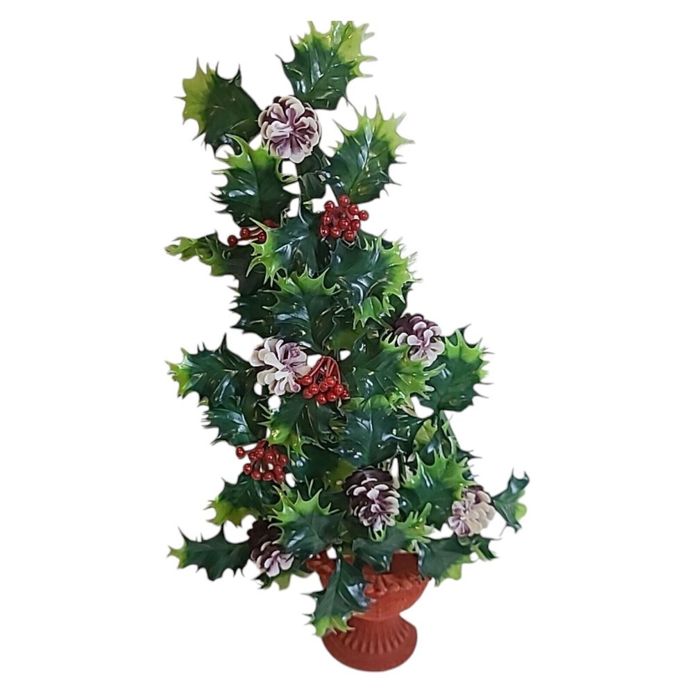 Vintage MCM Plastic Holly & Pinecones Flocked Plastic Pot Christmas Tree Wall...